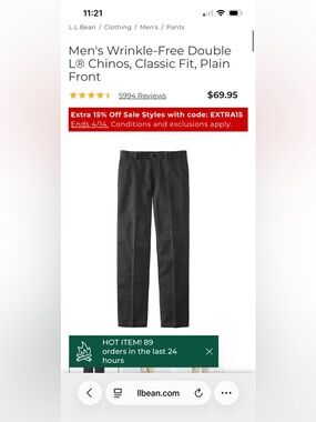 L.L. Bean Men's Classic Fit Wrinkle-Free Chinos - Black